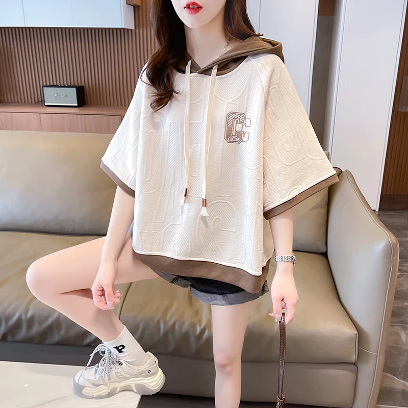 

Hooded short-sleeved T-shirt women 2024 new summer Korean version of loose niche design sense small man color contrast top