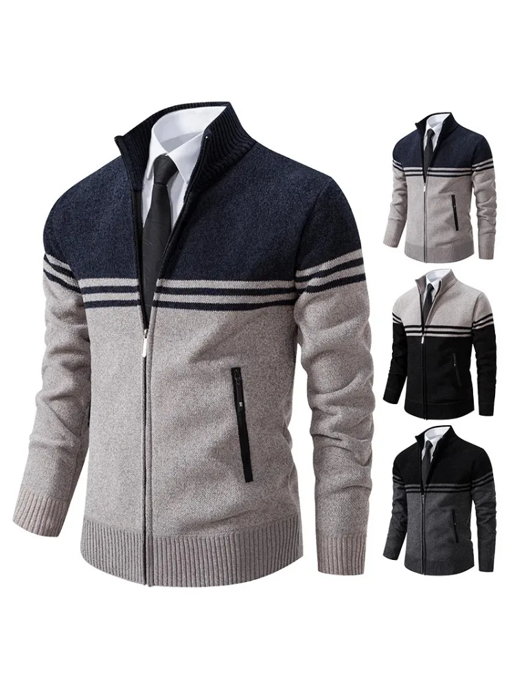 Pull d'hiver en polaire épaisse pour homme, chaud, décontracté, col montant, fermeture éclair, Cardigan, manteau rayé à la mode, nouvelle collection