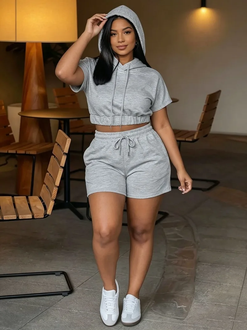 

KEXU Solid Color Casual Suit Women Hooded Short Sleeved Sweatshirt Drawstring Shorts Sports Two-piece Set