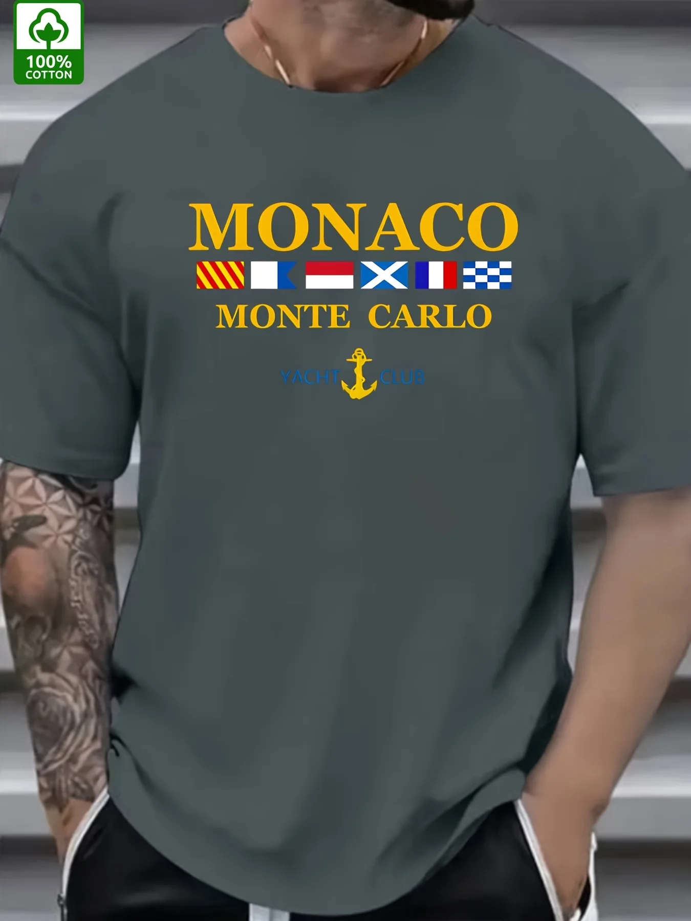 Summer Trend Men's Cotton T-Shirt MONACO Alphabet Flag Style Pattern Printing Outdoor Wear Men's Fashion Cotton T-Shirt