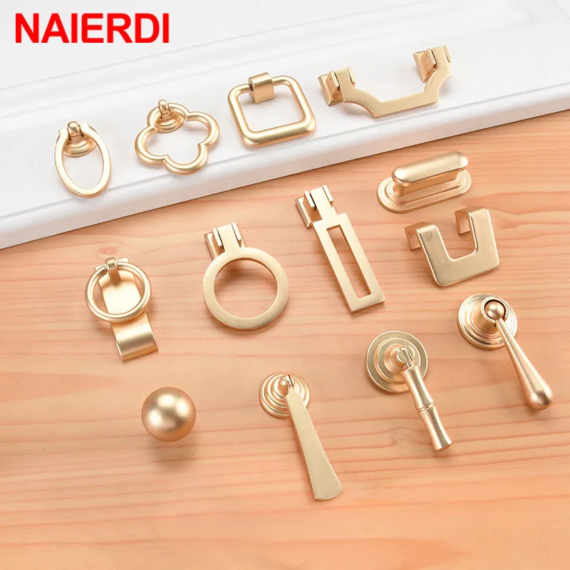 NAIERDI-Ouro Vintage Gabinete Puxa, Handle Móveis, Gaveta Maçanetas, Hardware para Armário de Cozinha, Zinc Alloy, Europeu