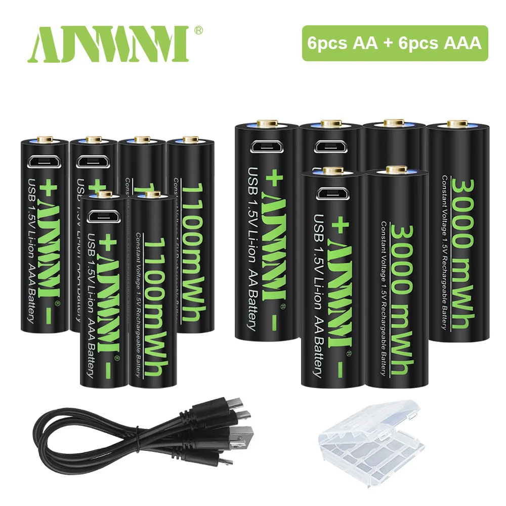 

ajnwnm 1100MwH AAA Rechargeable Battery 1.5V Lithium aaa Batteries + USB AA 1.5V Rechargeable Batteries 3000mWh with usb cable