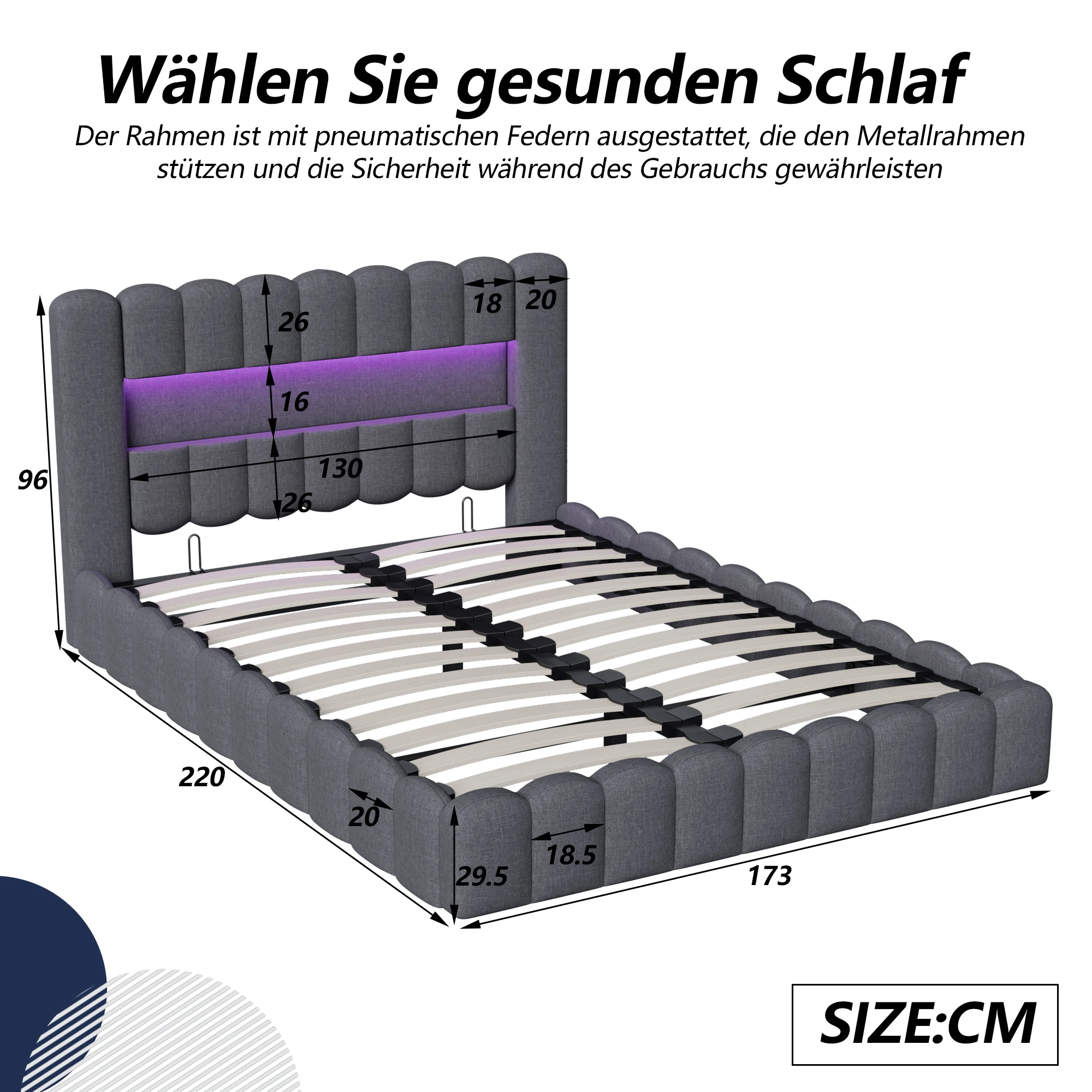 Rosahqnda tweepersoonsbedframe 140/16/180*200cm met USB en LED-gestoffeerd bed jeugdgastenbed, hoofdslaapkamer, linnen, beige/grijs