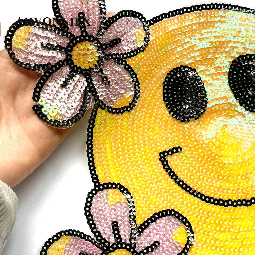 24CM X 28CM Yellow Smile Face Embroidery Patch Sequin Sticker Parches For Clothing Appliques Sew On Patches