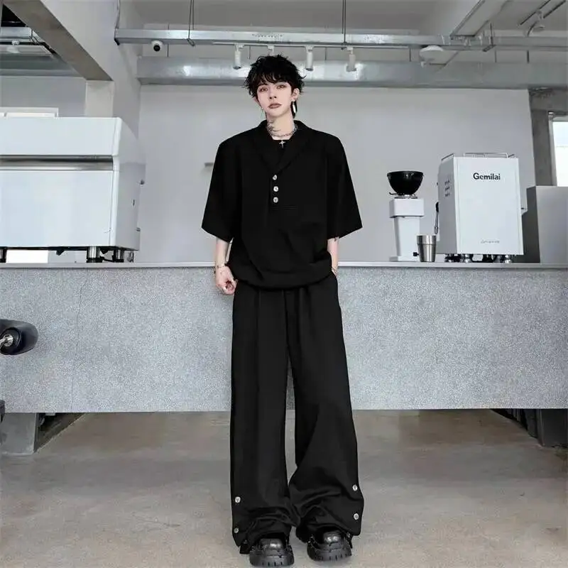Grey New Summer Men's Two Pieces Set Turn Down Collar Fake Short Sleeve Sweatshirt And Casual Wide Leg Long Pants GPBW view 4