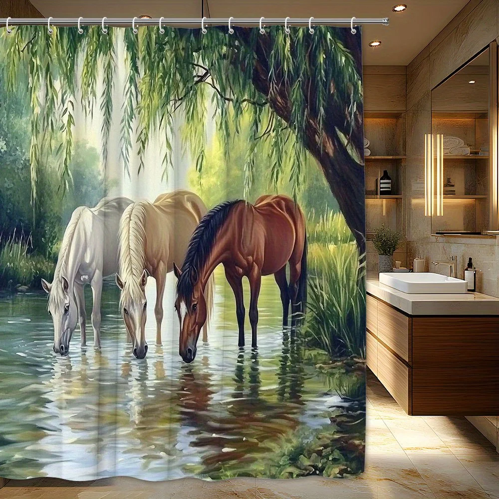 3D-Duschvorhang mit Landschaftsmotiv und Pferden, Realistische Pferde beim Wassertrinken, Natur-Badezimmerdekoration, Wasserdichter Stoff-Badvorhang