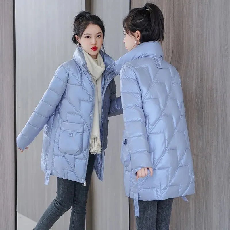 

Women's Parkas 2022 New Fashion Winter Jacket Glossy Cotton Padded Jackets Stand Collar Casual Thick Warm Coats Female Outwear