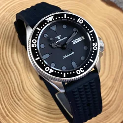 Automatic Watch For Men 37mm New Tandorio NH36A 20Bar Water Resistance Black Dial Sapphire Glass Rotating Bezel Rubber Strap