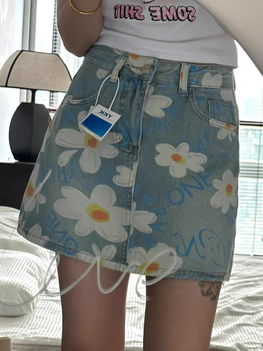Shorts Womens Y2K Harajuku Hip Hop Gothic Flower Print Retro Baggy Denim Shorts Girl New High Waist Slim Mini Shorts Skirt