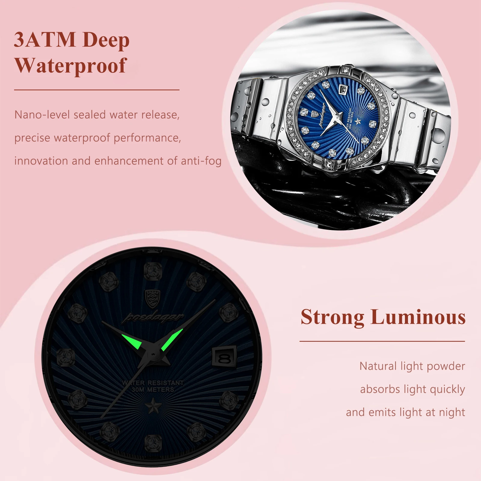 POEDAGAR Orologio da donna alla moda di lusso Orologio da donna al quarzo elegante e alla moda con data in acciaio inossidabile impermeabile luminoso