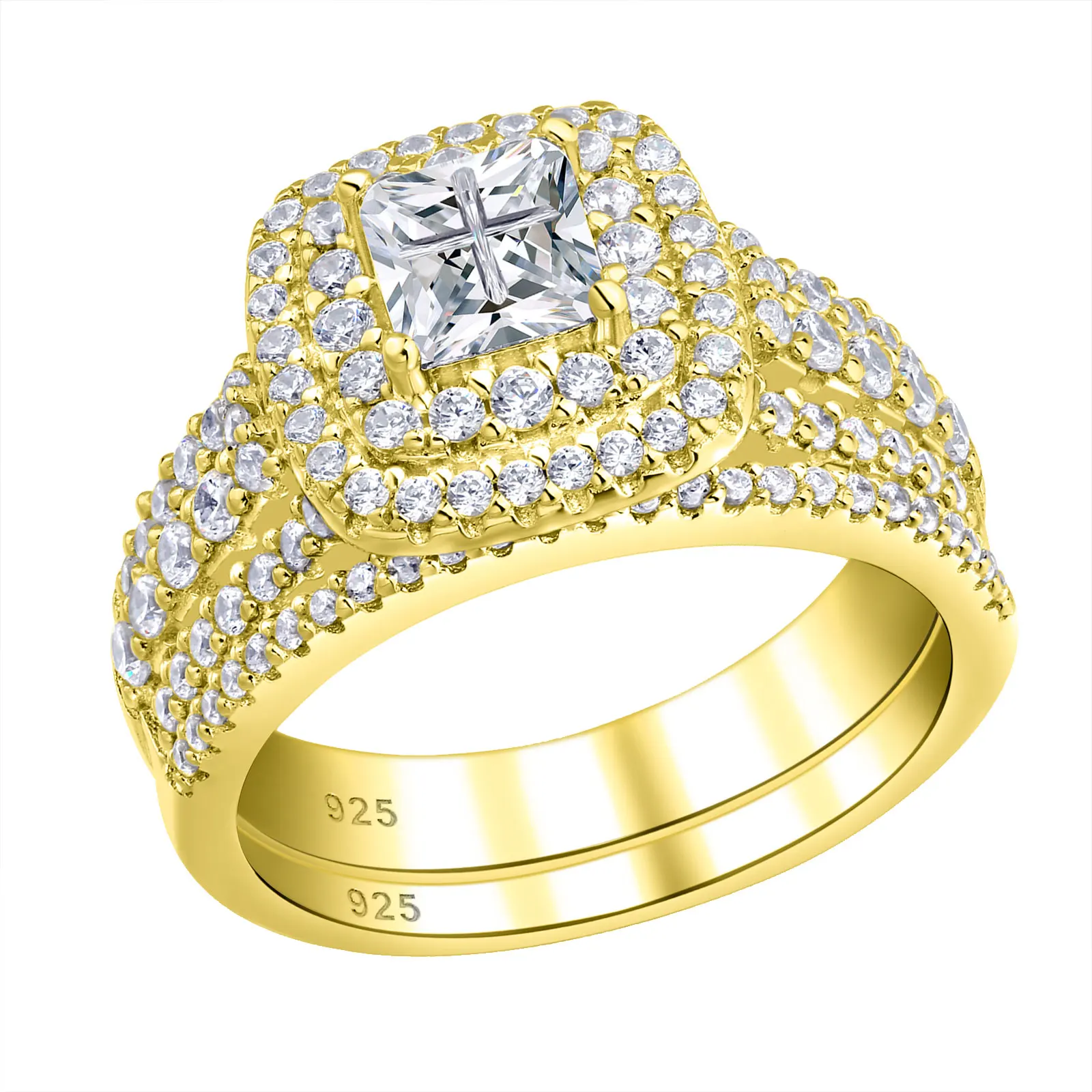 Newshe Luxury 925 Sterling Silver Halo Wedding Ring Set for Women Elegant Yellow Gold Plated Princess Simulated Diamond Rings
