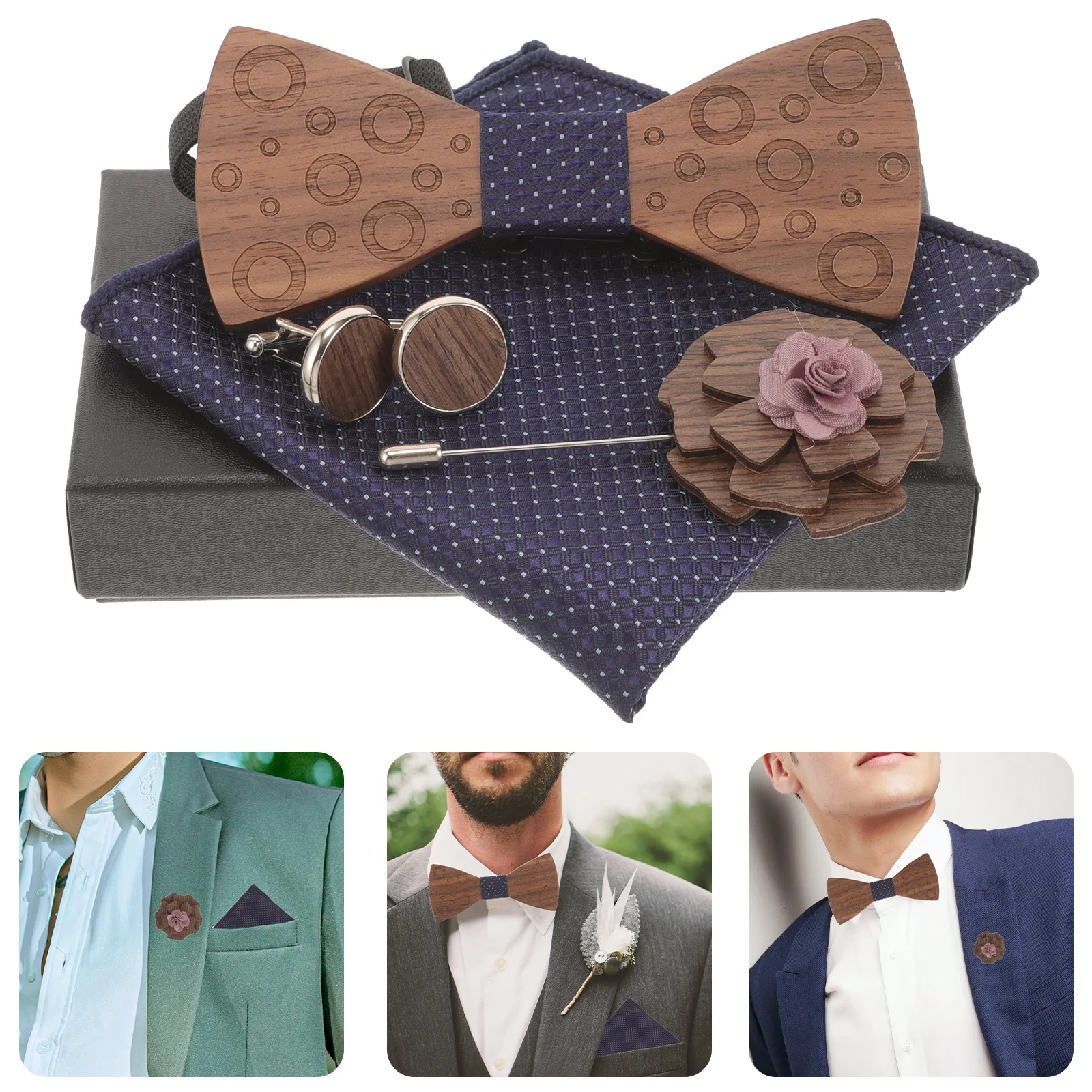 1 مجموعة خشبية ربطة القوس فيونكة منديل مجموعة للرجال الزفاف العريس دعوى الإكسسوارات سهرة أزرار أكمام التلبيب دبوس رجل بووتيس العريس هدية