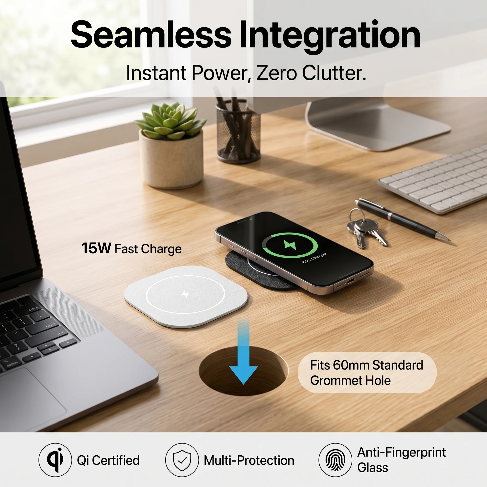 

15W Embedded Wireless Charger 60mm Desk Grommet Hidden Fast Charging Dock with US EU UK Plug Flush Mount for Office Home