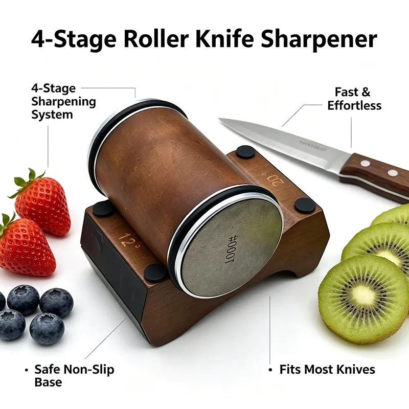Rolling Knife Sharpener 4 Angle 12/15/18/20 Wooden Base Magnetic Suction Manual Kitchen Knife Sharpening Diamond Stone Tool Sets