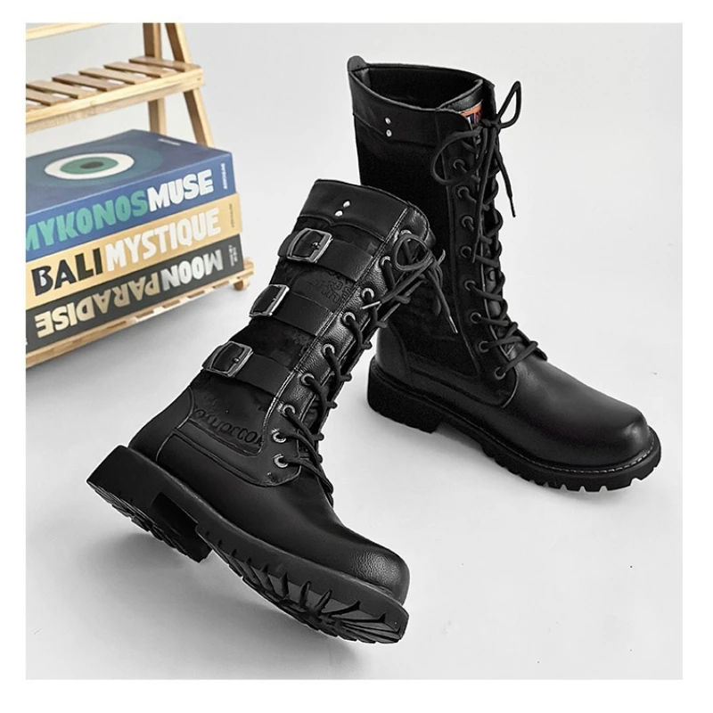 Herren 2026 Neue Kniehohe Motorradstiefel Übergröße Klobige Plateau-Schnürstiefel mit Schnallendekoration Britischer Stil Reitstiefel