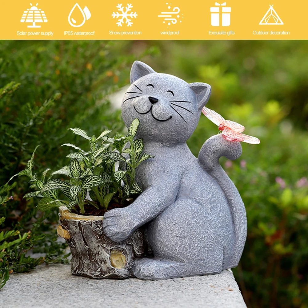 Solar Powered Cat Artwork Flower Pot Creative Kitten Succulent Pot with Light Cat Butterfly Planter Statue for Cabinet Backyard