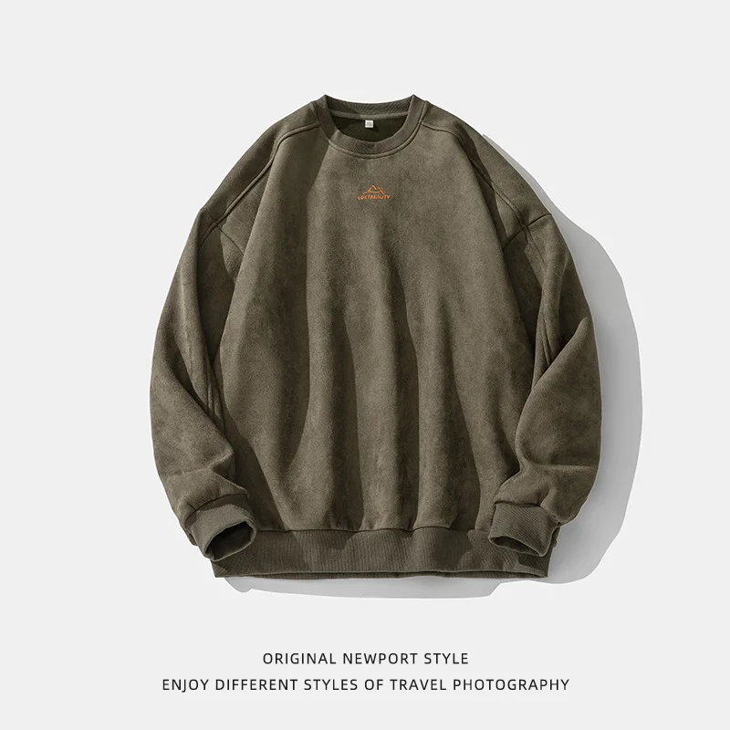 2025 Men's Suede Sweatshirt Heavyweight Retro Split Design Embroidered Streetwear Core Round Neck Spring Urban Aesthetic Top