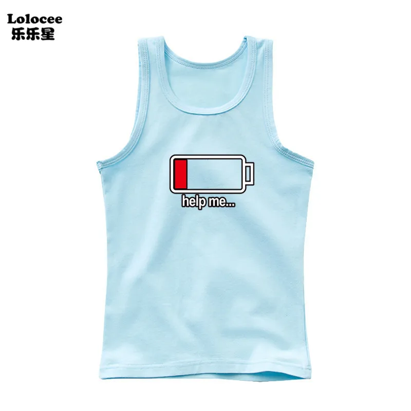 Summer Kids Cotton Vest Boys Girls Cartoon Battery Printed Sleeveless T-shirt For 3-14 Years Children Singlet Clothing