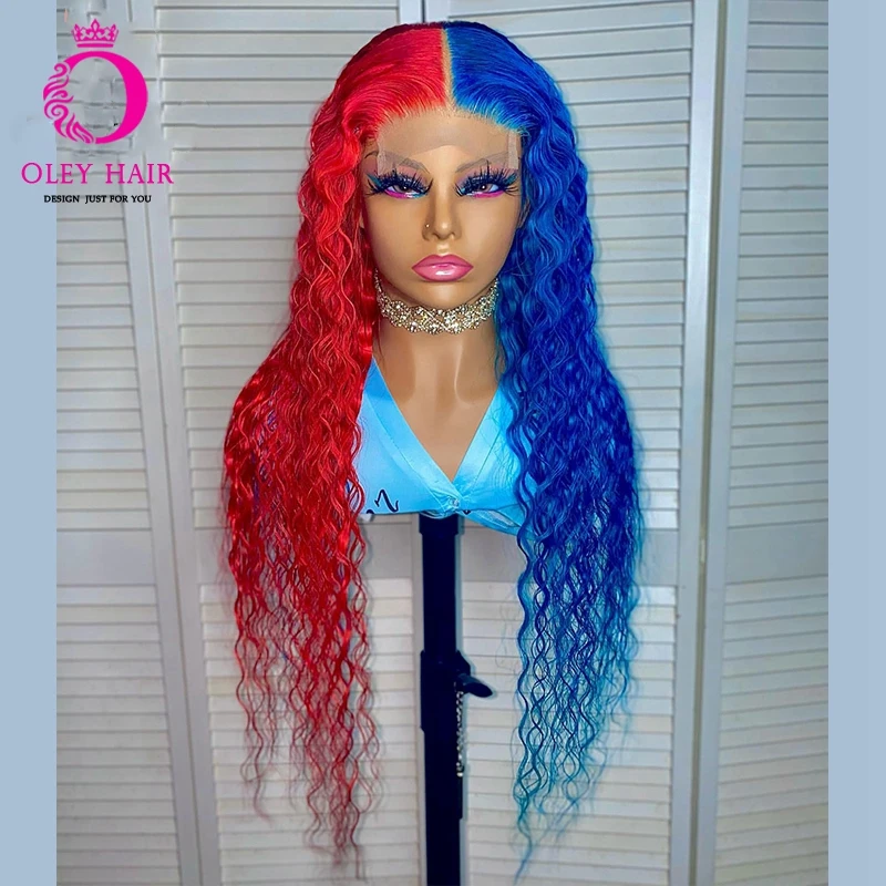 Mezzo rosso mezzo blu colore 30 pollici crespi ricci 13x4 pizzo sintetico anteriore invisibile Drag Queen parrucche Cosplay per le donne nere 180%