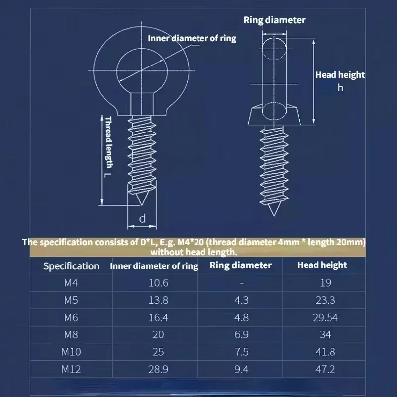 M4 M5 M6 M8 M10 M12 Lifting Eye Bolt Wood Screw Metric A2/304 Stainless Steel  Round Ring Hooks Self Tapping Wood Screws