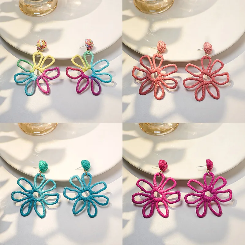 Vacation Colorful Hand Woven Raffia Earrings for Women Hollow Flower Elegant Seaside Pastoral Boho Ear Jewelry Gift