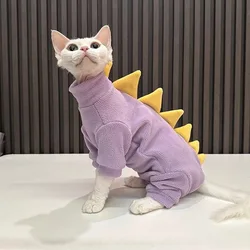 Dinosaur Shape Fleece Sweatshirt for Cats in Winter Cute Cartoon 4-legged Warm Purple Blue Coat for Sphynx Cat Soft Jumpsuit