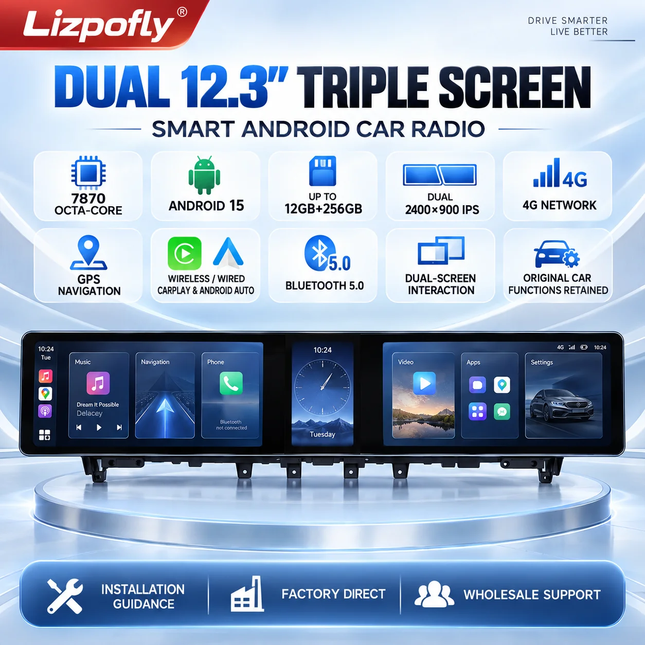 Lizpofly Dual 12.3 Inch Triple Screen Car Radio For Buick GL8 2017-2019 CarPlay Android Auto GPS Navigation BT5.0 DSP