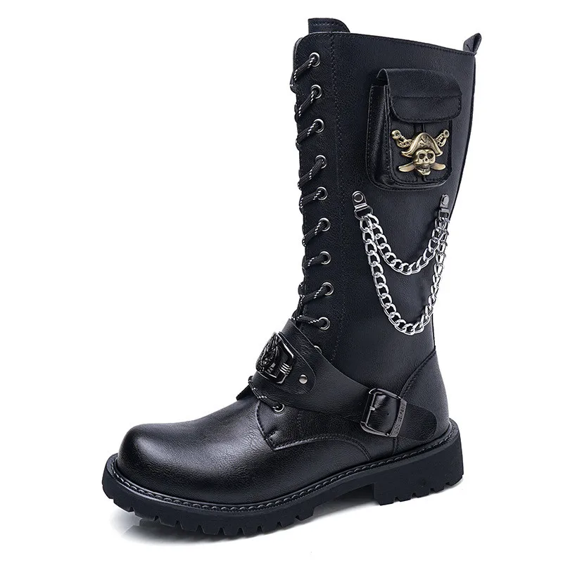 

Luxury Quality Men's Punk Gothic Boots High Top Leather Combat Boots Chunky Sole Chain Decor Lace Up Stage Boots Trendy Footwear