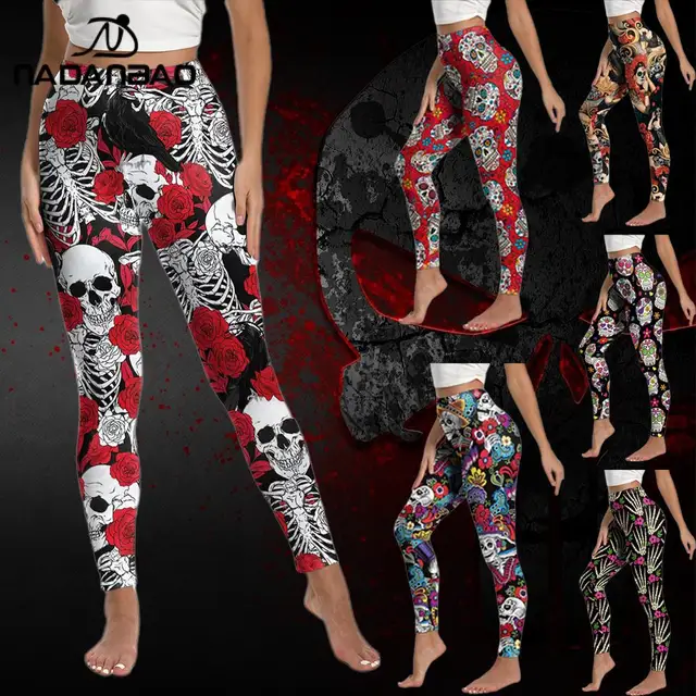 Legginsy damskie Nadanbao Day of The Dead Rose Skeleton Fingers Spodnie sportowe z wysokim stanem i nadrukiem 3D Obcisłe legginsy do jogi