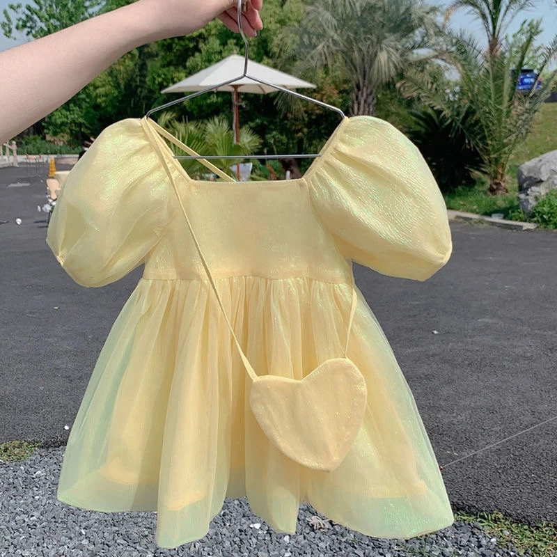 2 To 8 Years Baby Girls Dress 2025 Summer Cute Puff Sleeve Elegant Princess Dress With Bag Christmas Birthday Party Kids Clothes
