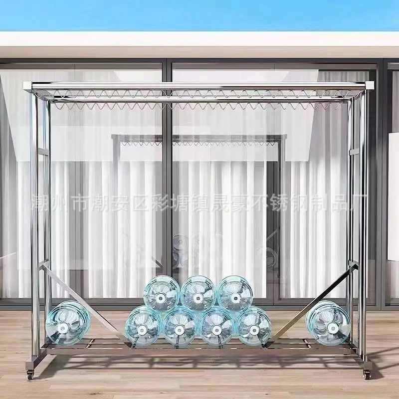 Custom. Thick Stainless Steel Laundry Rack Floor-Type Windproof Movable Clothes Hanger Load-Bearing Double Rod a