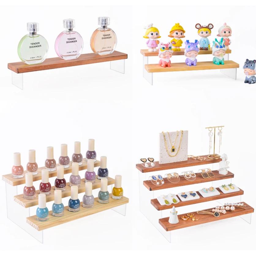 1-4 Tier Clear Wood Acrylic Display Stand Display Shelf for Funko Figure,Perfume,Nail Polish,Dessert,Jewels,Cupcake,Cosmetics