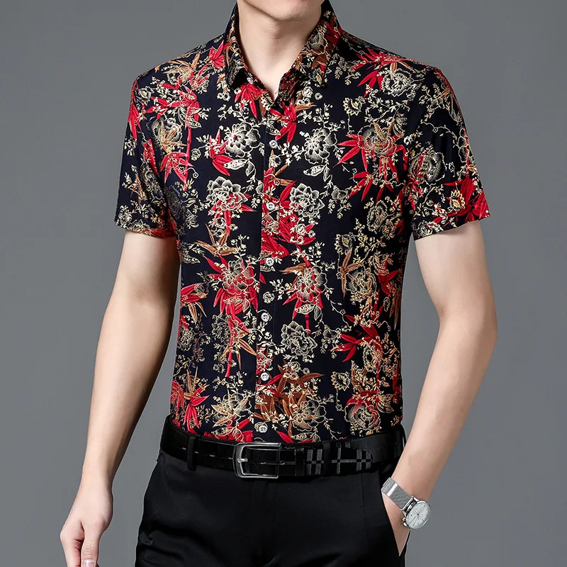 Hawaiian Style Casual 80% Silk Shirts Men'S Short Sleeve Both Sides Chinese Nation Flower 2023 Beach Summer Clothes