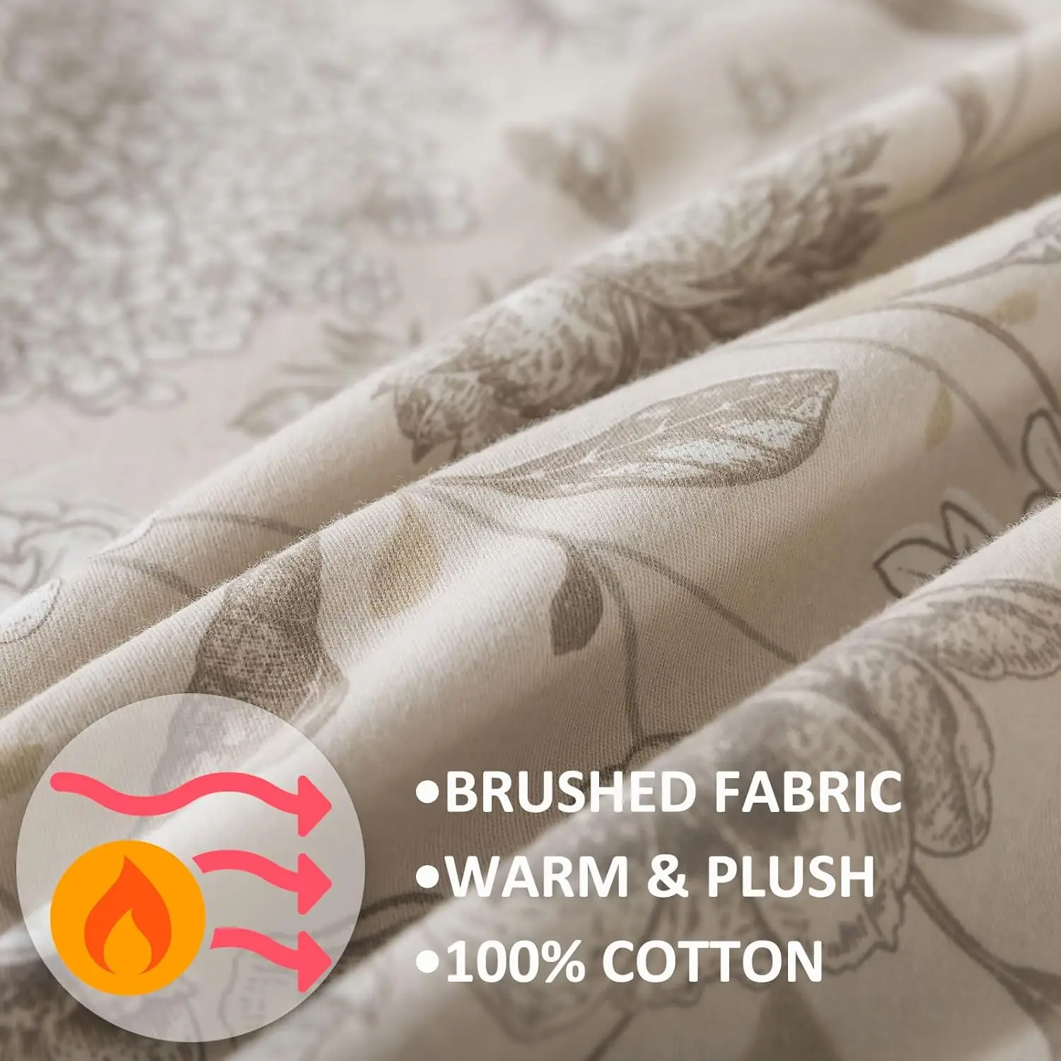 King Size 4-Piece Vintage Floral Bedding Set – Light Khaki, 100% Brushed Cotton, Hydrangea, Peony & Daisy Pattern