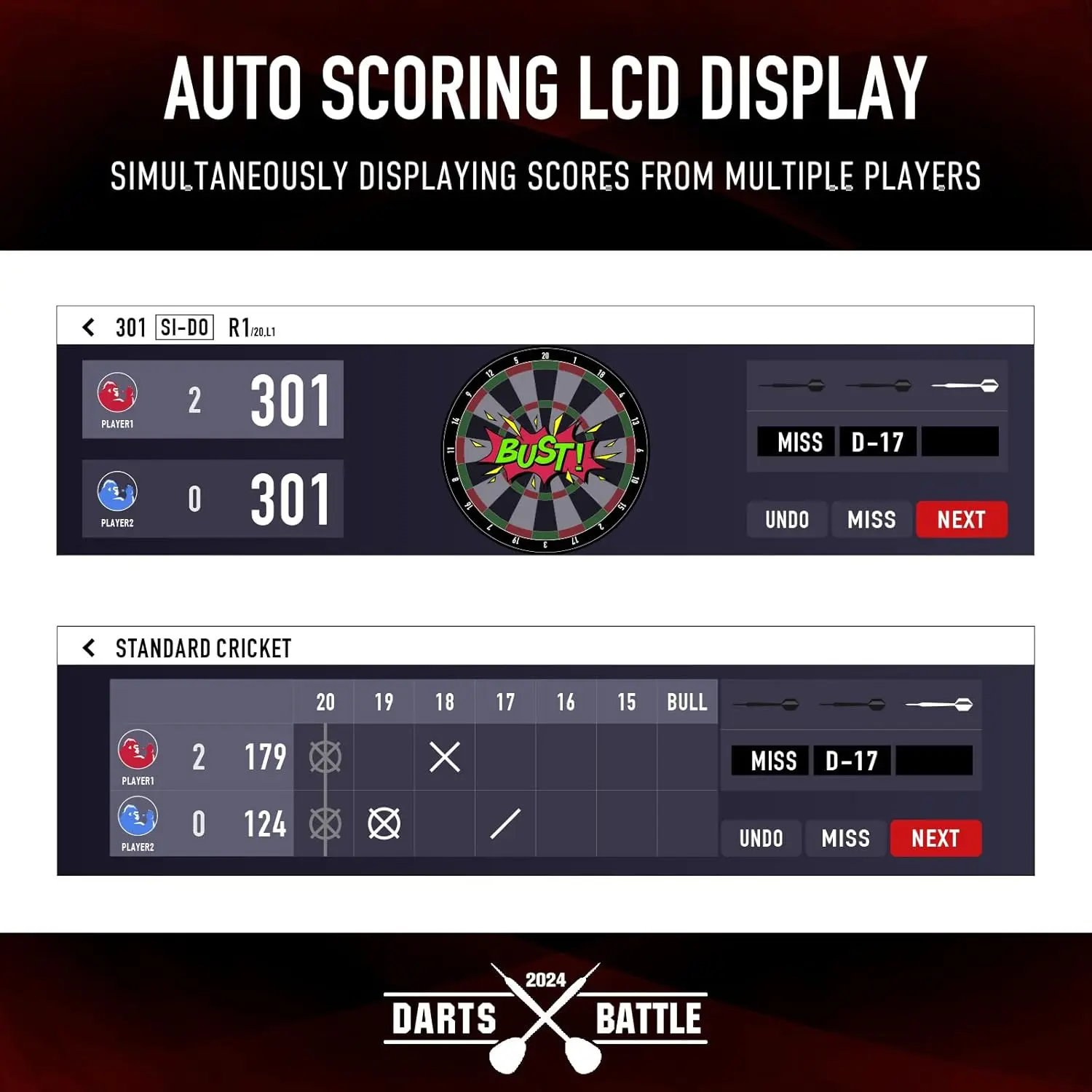 Dart Board LCD Soft Tip Dartboard Electric Digital LCD Auto-Scoring Dart Boards Set for Adults up to 16 Players, 7 Games-5 Varia