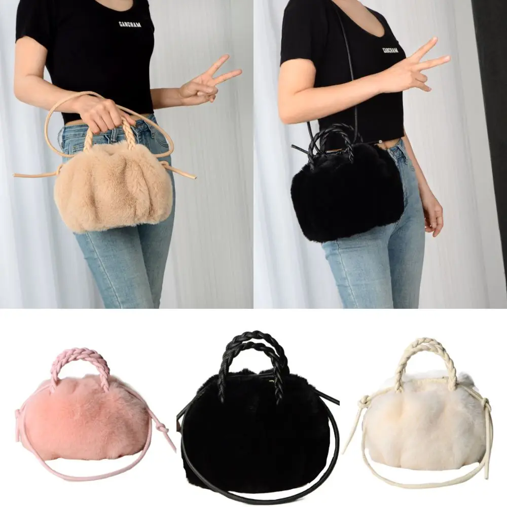 Fashionable Plush Cloud Shoulder Bag Pleated Solid Color Handbag Imitation Rabbit Fur Large Capacity Tote Bag Girls