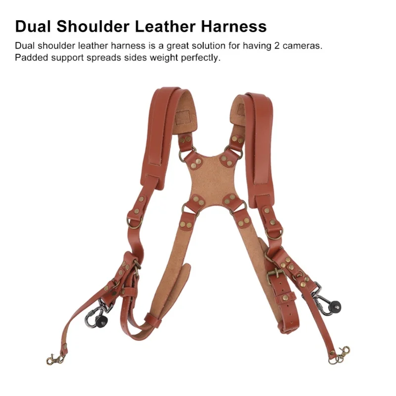 Dual Shoulder Leather Harness Comfortable Camera Strap Accessories For 2 Cameras Brown