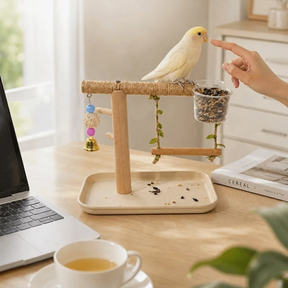 Wooden Parrot Tray Rack Bite Resistant Wear Resistant Parrot Standing Stick with Feeding Box Durable Parrot Perch Shelf