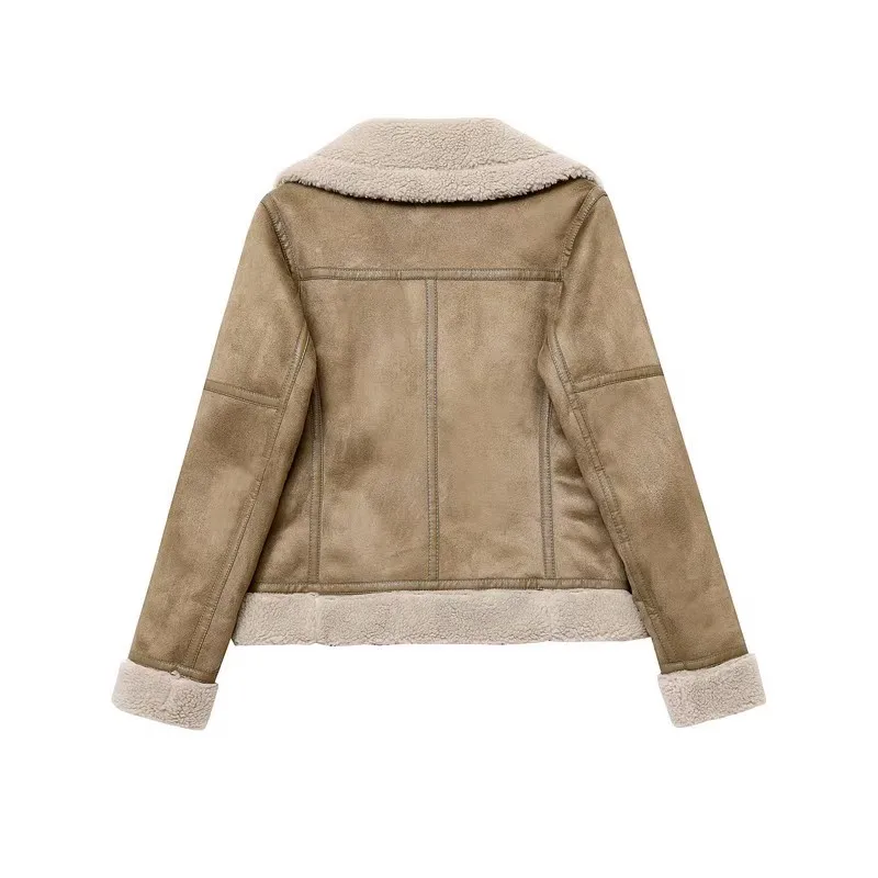 Winter 2023 Women\'s Warm Padded Suede Artificial leather Lamb Jacket Short motorcycle jacket synthetic sheepskin leather jacket