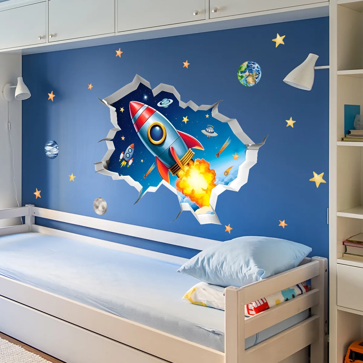 Autocollant mural cassé planètes de fusée d'univers 3D, papier peint planète spatiale cosmique pour chambre d'enfants, décoration murale de chambre de garçon