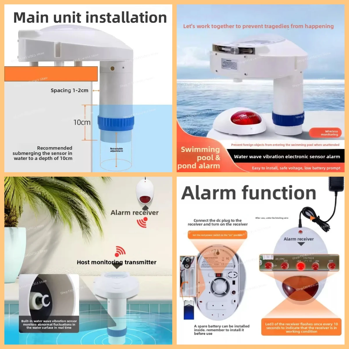 Solar pool alarm IP67 waterproof, wireless remote control, child safety alarm