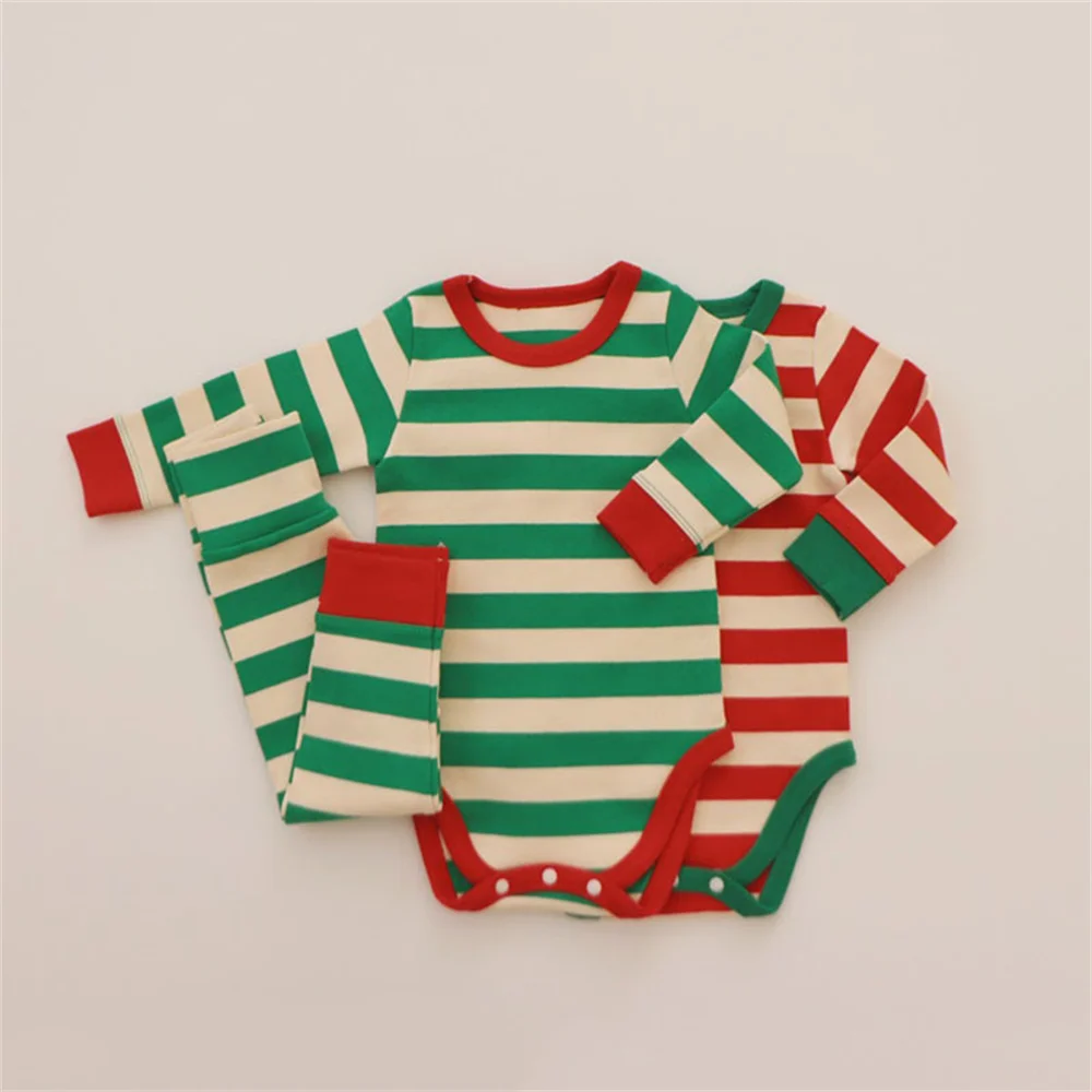 Newborn Baby Christmas Outfit Homewear Boy Girl Clothes Red Green Striped Romper and Pants 2pcs Sets Infant New Year Costume