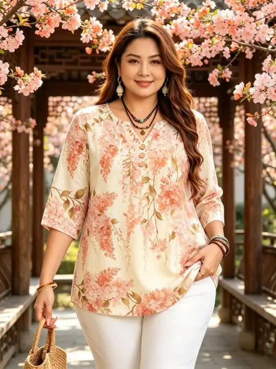 Watercolor Wisteria Hydrangea Floral Print Plus Size Blouses Notch V Neck Wooden Buttons 3/4 Sleeve Soft Loose Tops