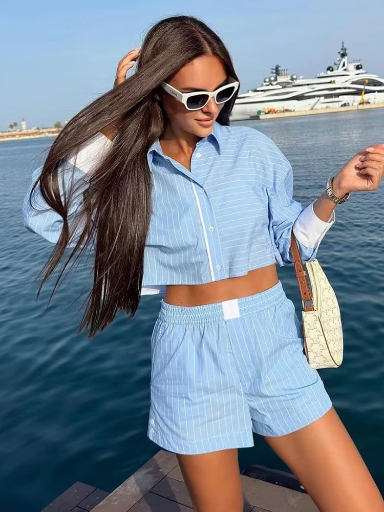 Striped Women Elegant Blue Loose Two Piece Set 2023 Summer Fashion Ladies Casual Boho Shorts Set Streetwear Girls Chic Outfits