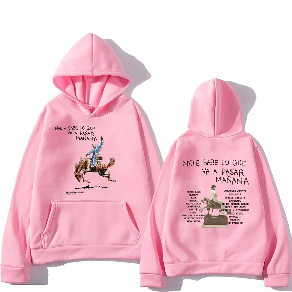 Bad Bunny RIP Sweatshirt bertudung pria wanita, Sweatshirt Album Nadie Sabe Lo Que Va Pasar Manana, pakaian Hip Hop musim gugur musim dingin