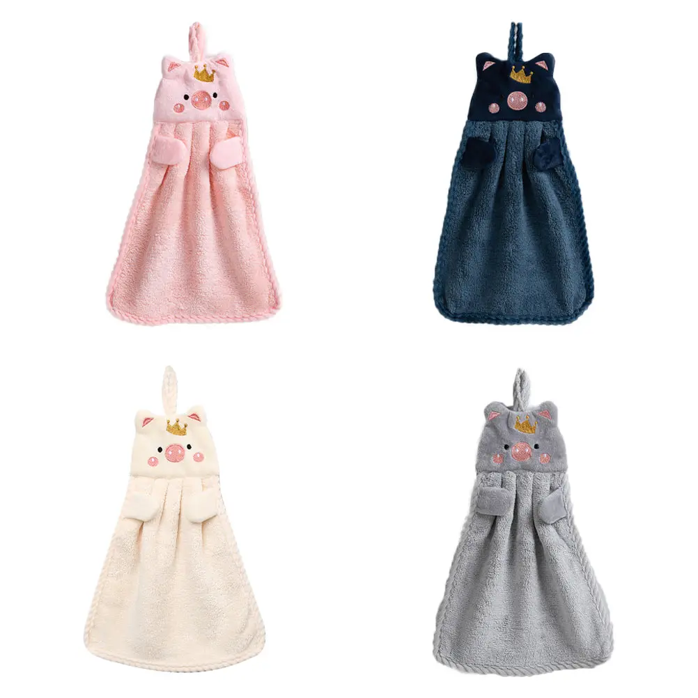 

4pcs Coral Hand Towels Pink Pig Embroidery Water Absorbent Bathroom Kitchen Handkerchief Quick Dry Hanging Design