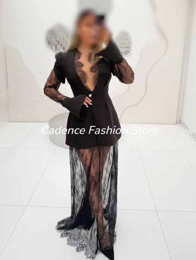 Lace Formal Evening Dress V-Neck Arabic Sheer Long-Sleeved Patchwork فساتين Long Dubai Women’s Dress Prom Dress Customized
