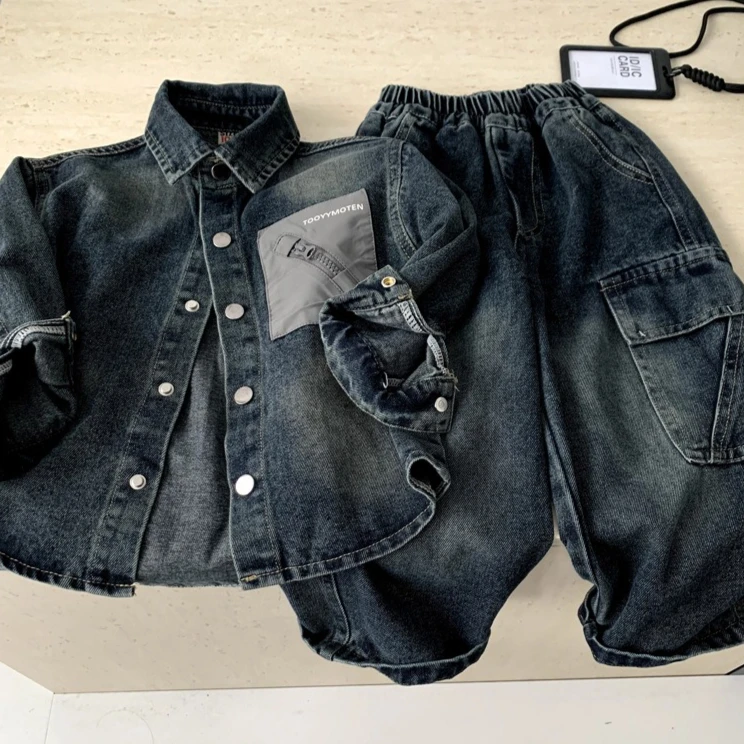 Boys Suit 2026 Spring and Summer New Childrens Clothes Boys Baby Foreign Cool and Handsome Wash Denim Two-piece Set Simple