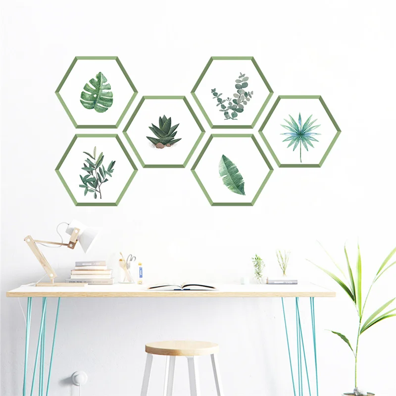 Hexagon Shape Plant Leaf Flower Pattern Wall Art Stickers For Office Shop Bedroom Home Decoration Diy Pastoral Wall Mural Decal