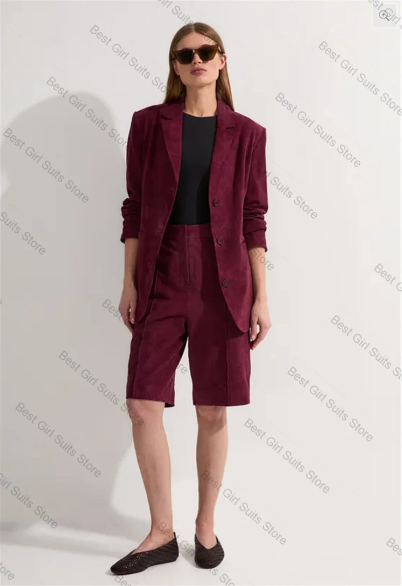 

Burgundy Velvet Women Suit Pants Set 2 Piece Blazer+Short Trousers Formal Office Lady Jacket Customized Party Wedding Coat